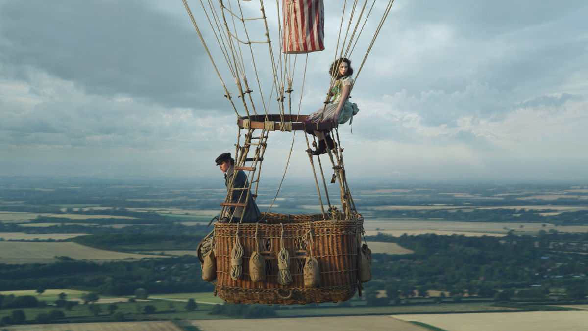 Two people in a hot air balloon in The Aeronauts