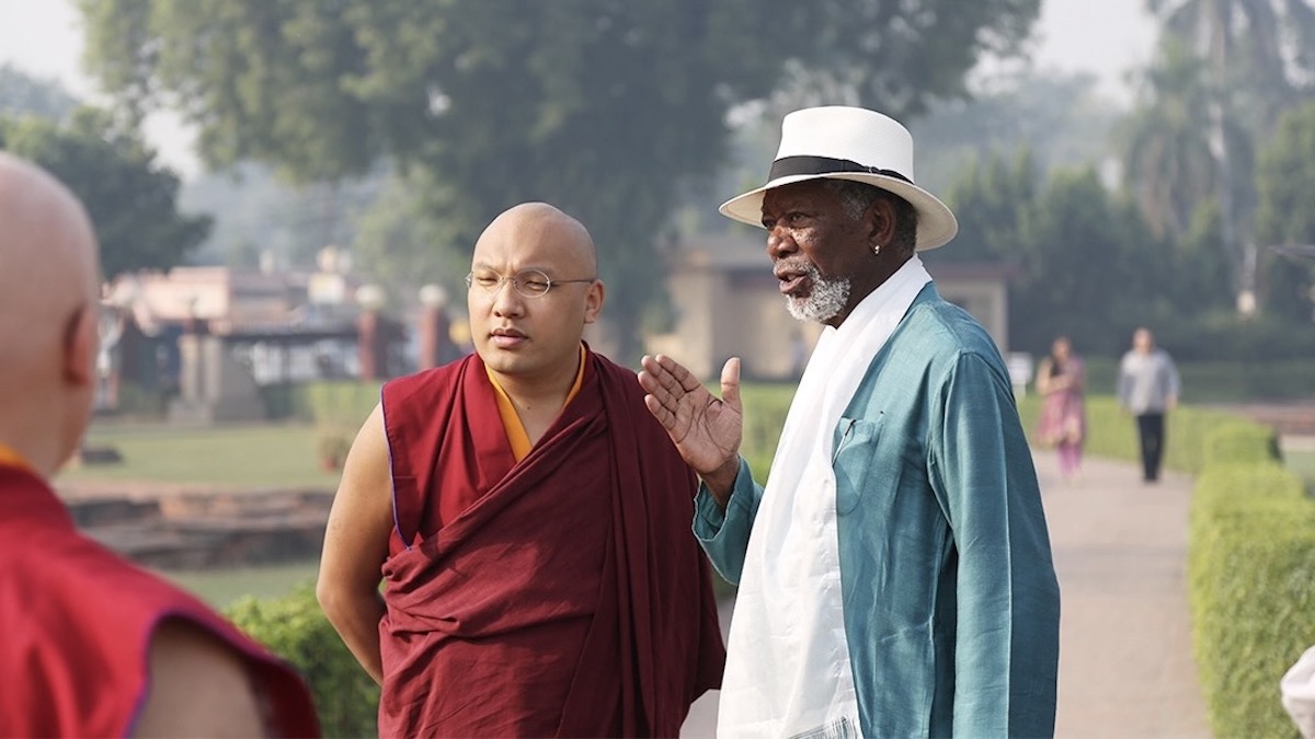 Morgan Freeman with a monk in The Story of God with Morgan Freeman