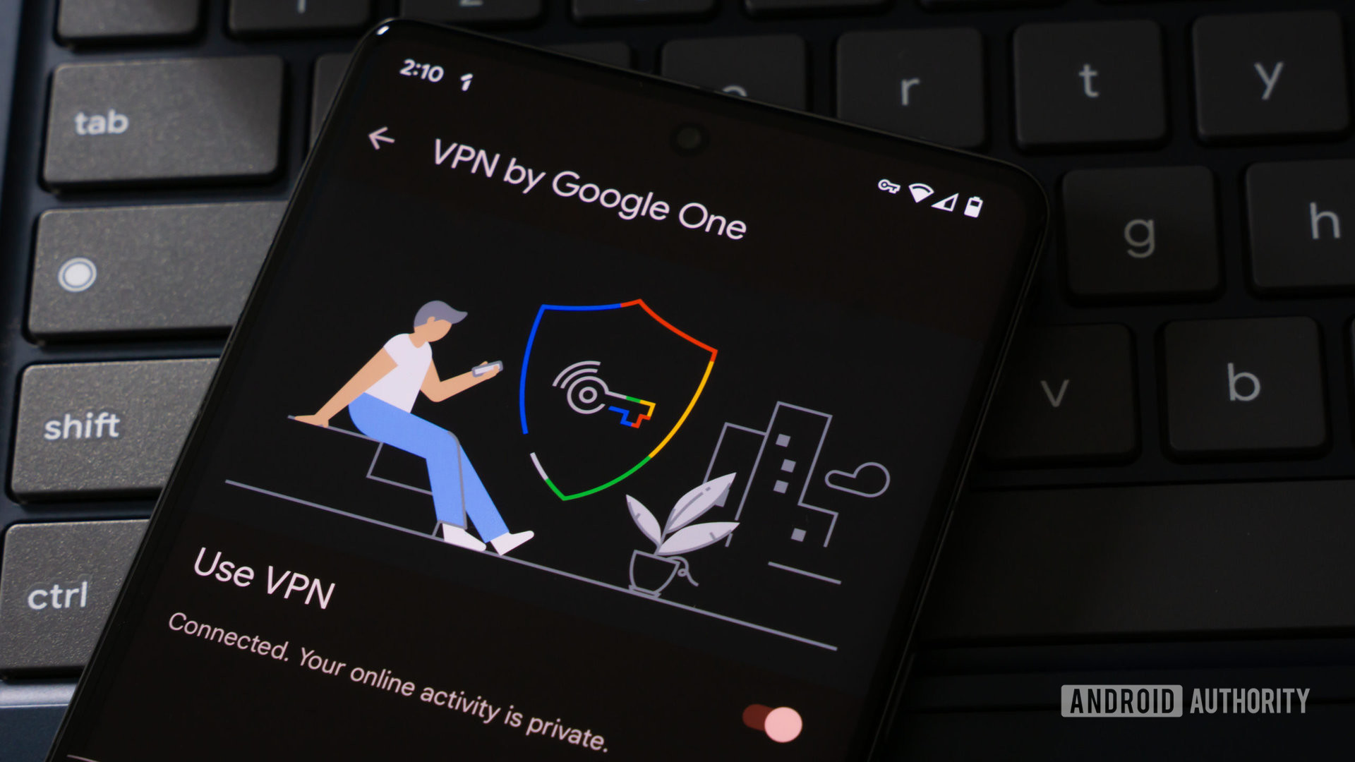 Google One VPN running on a Pixel 7 Pro on a keyboard.