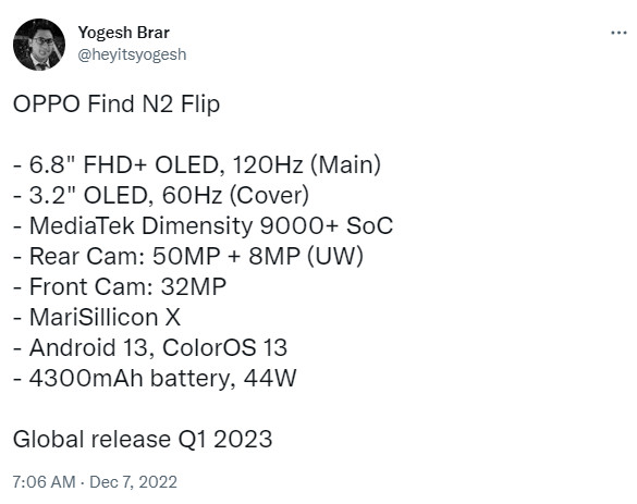 Yogesh Brar Oppo Find N2 Flip özellikleri twitter