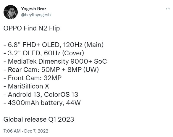 Yogesh Brar Oppo Find N2 Flip specs twitter