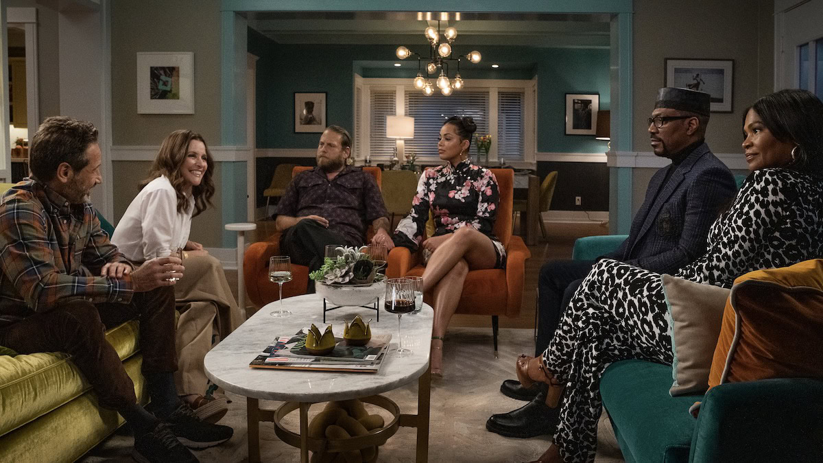 (L to R) David Duchovny as Arnold, Julia Louis-Dreyfus as Shelley, Jonah Hill (Writer-Producer) as Ezra, Lauren London as Amira, Eddie Murphy as Akbar, and Nia Long as Fatima in You People