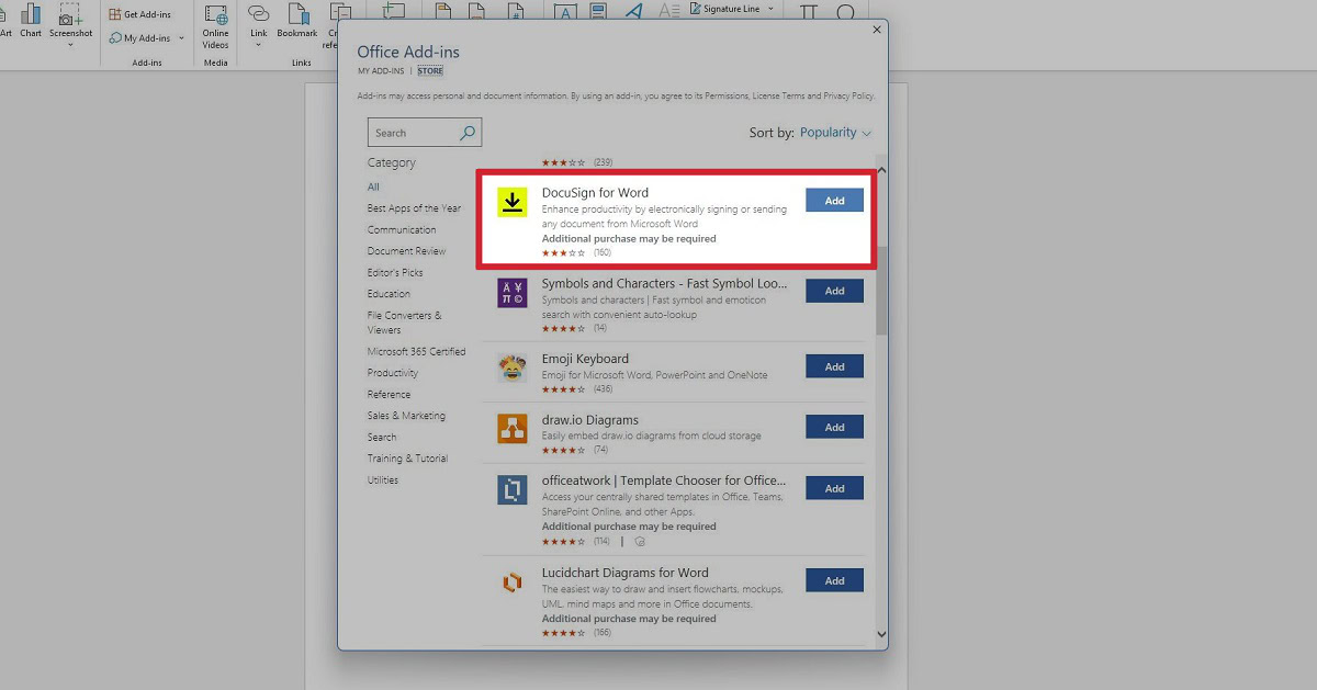 add docusign for word from add ins