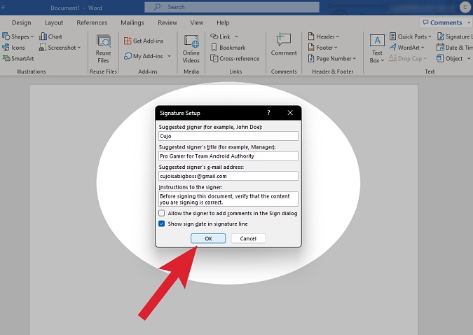 add signature line details in word