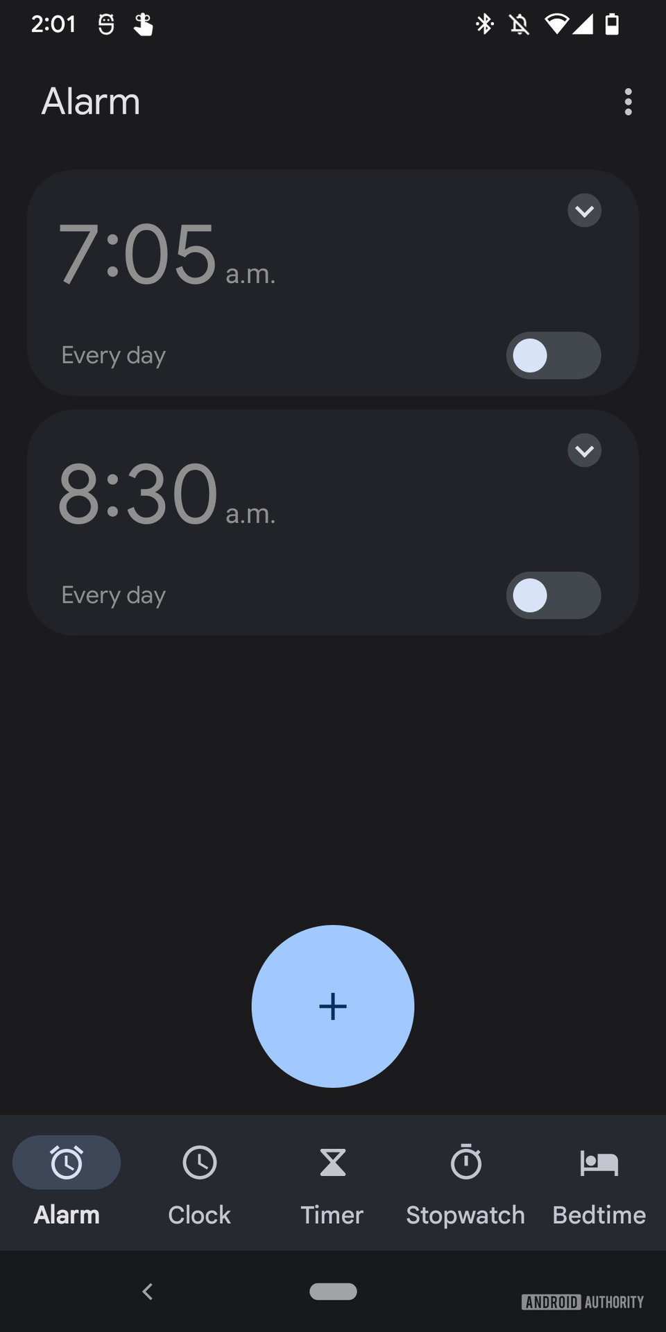 A screenshot of the Android clock app showing the alarms tab.