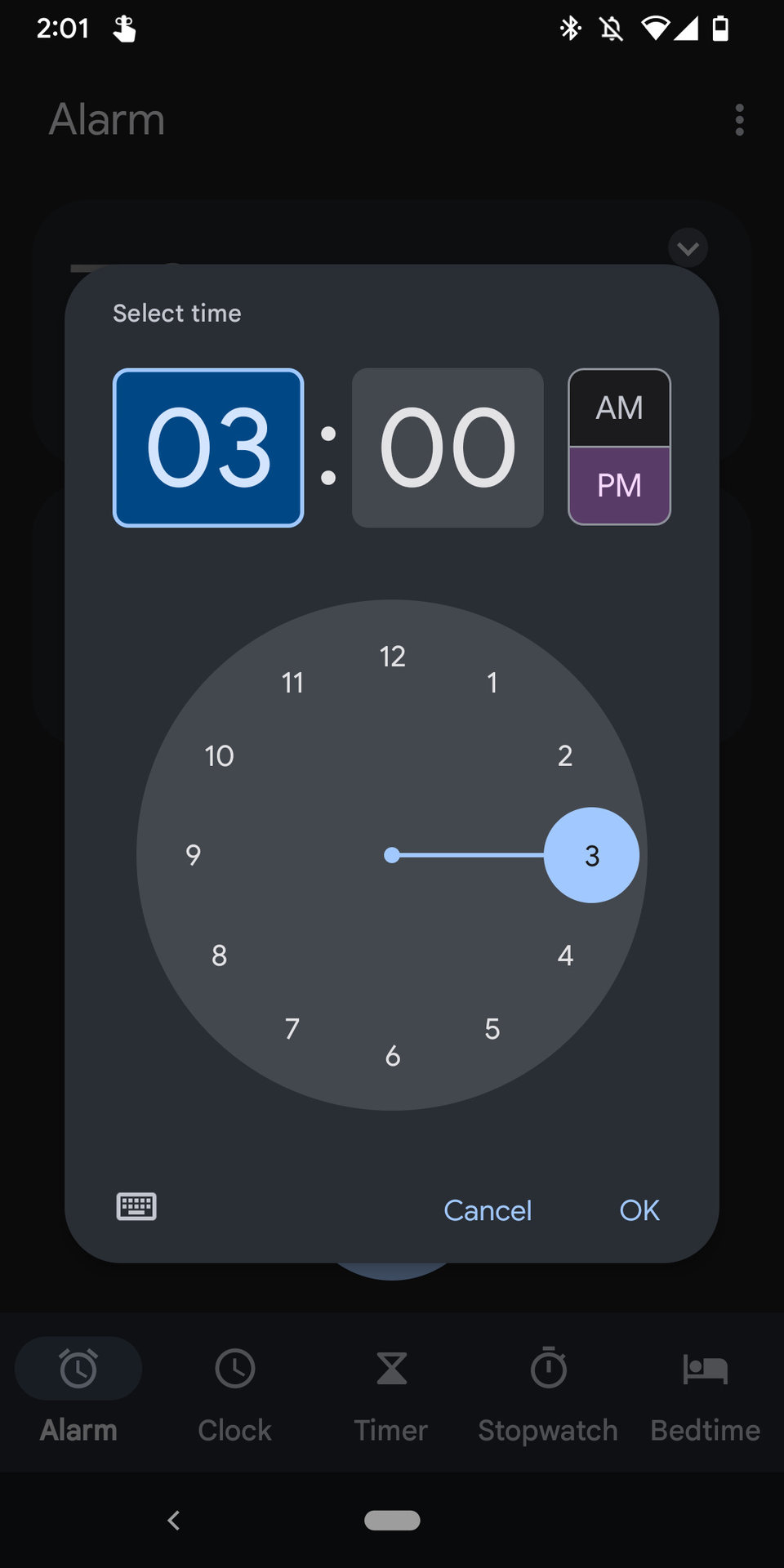 A screenshot of the Android clock app showing the process for adding a new alarm for 3:00 PM.