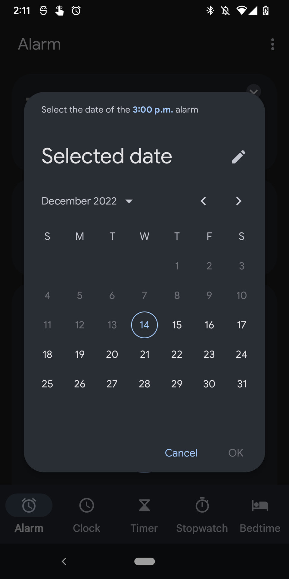 A screenshot of the Android clock app showing the alarms tab with a calendar pop-up for scheduling an alarm on a later date.