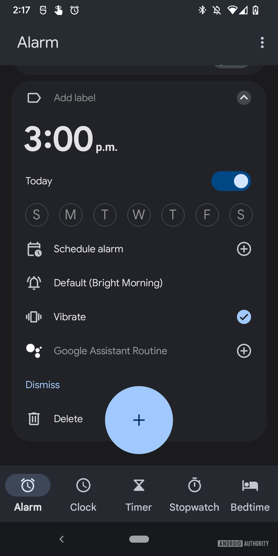 A screenshot of the Android clock app showing the process for adding a new alarm for 3:00 PM after tapping "OK" with various options to customize the alarm available including ertain days of the week, scheduling, and the choice of sounds and vibration of the alarm.