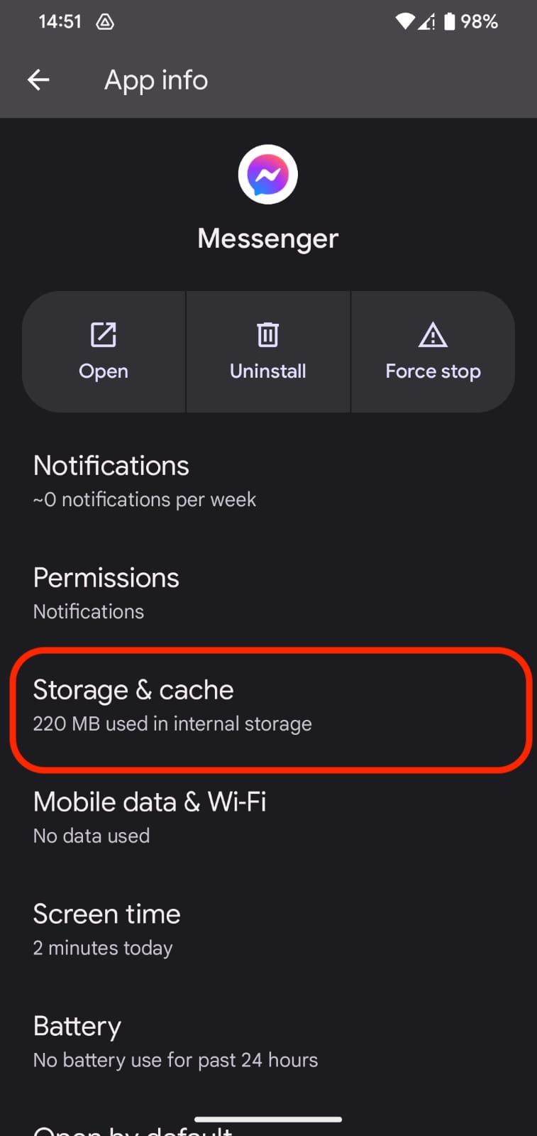 android settings messenger storage cache