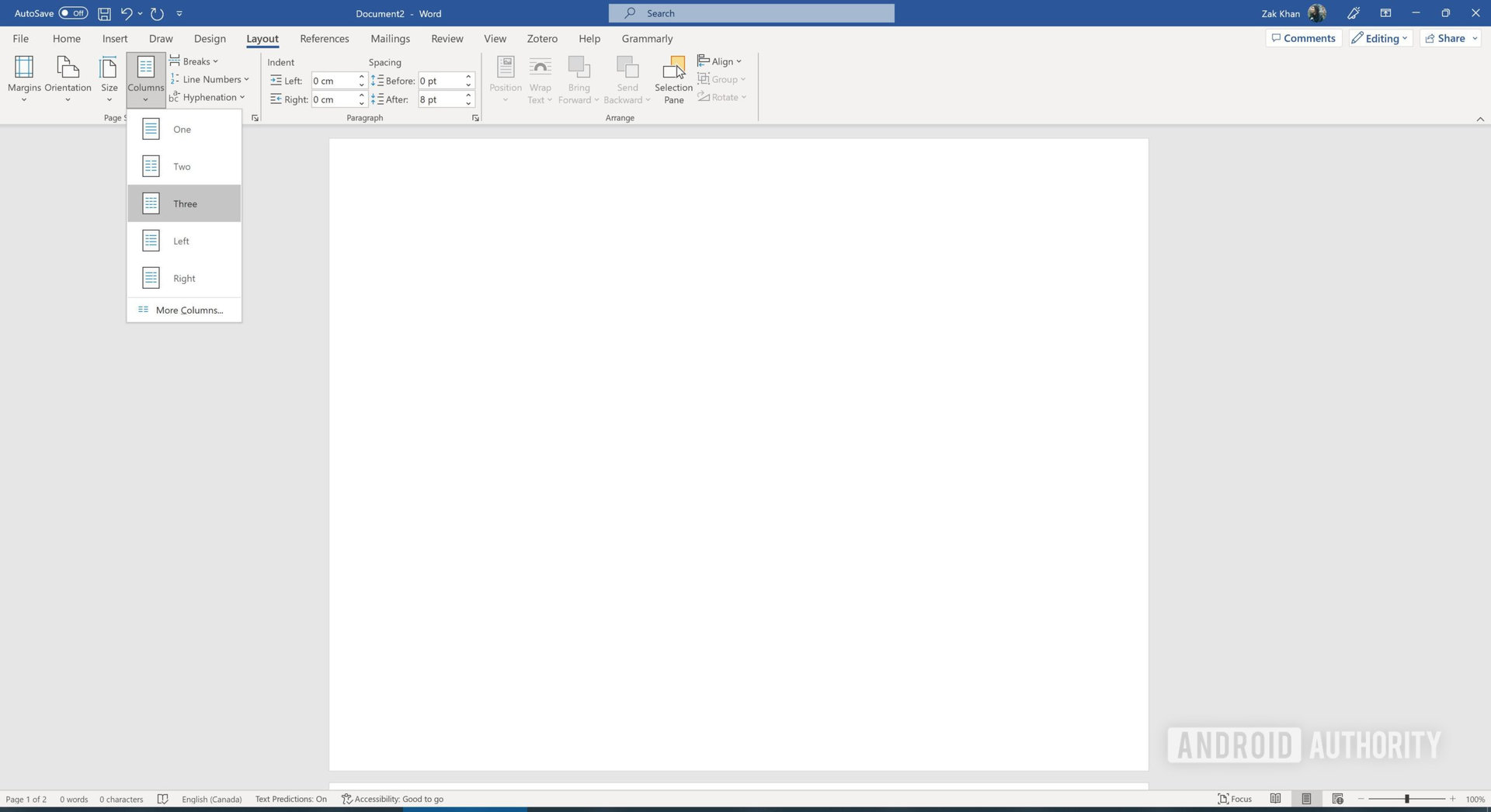 A screenshot of the columns formatting options available in Microsoft Word including one, two, three, and more.
