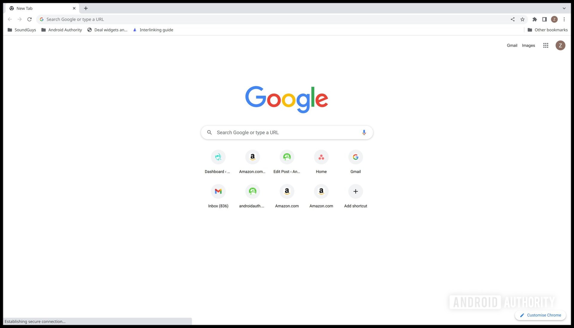 A screenshot of the Google Chrome new tab page showing the Google search engine and the "Customize Chrome" button in the bottom right-hand corner.