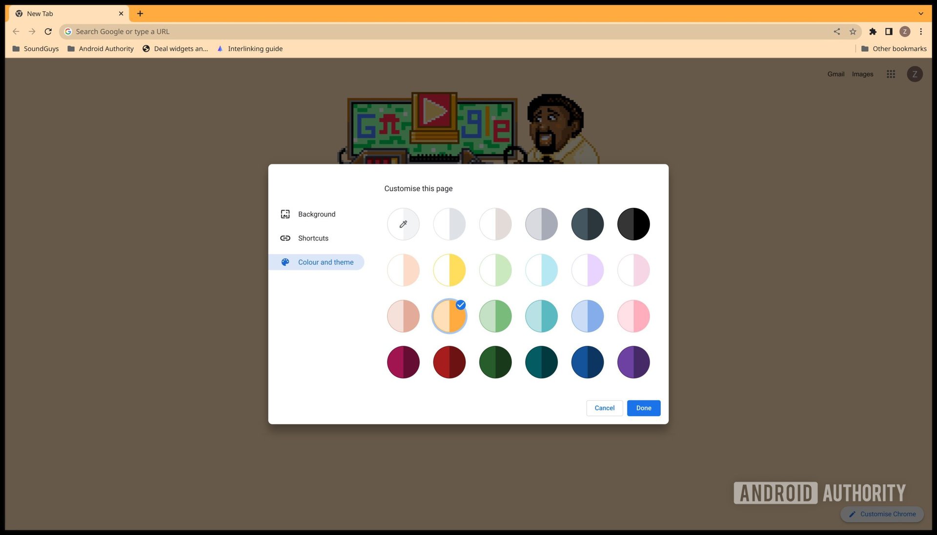 The &quot;Customize this page&quot; Google Chrome settings window showing the available color schemes under &quot;Color and theme.&quot;