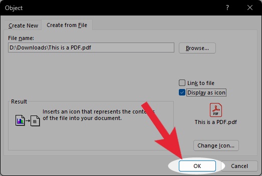click ok when ready to add pdf as icon