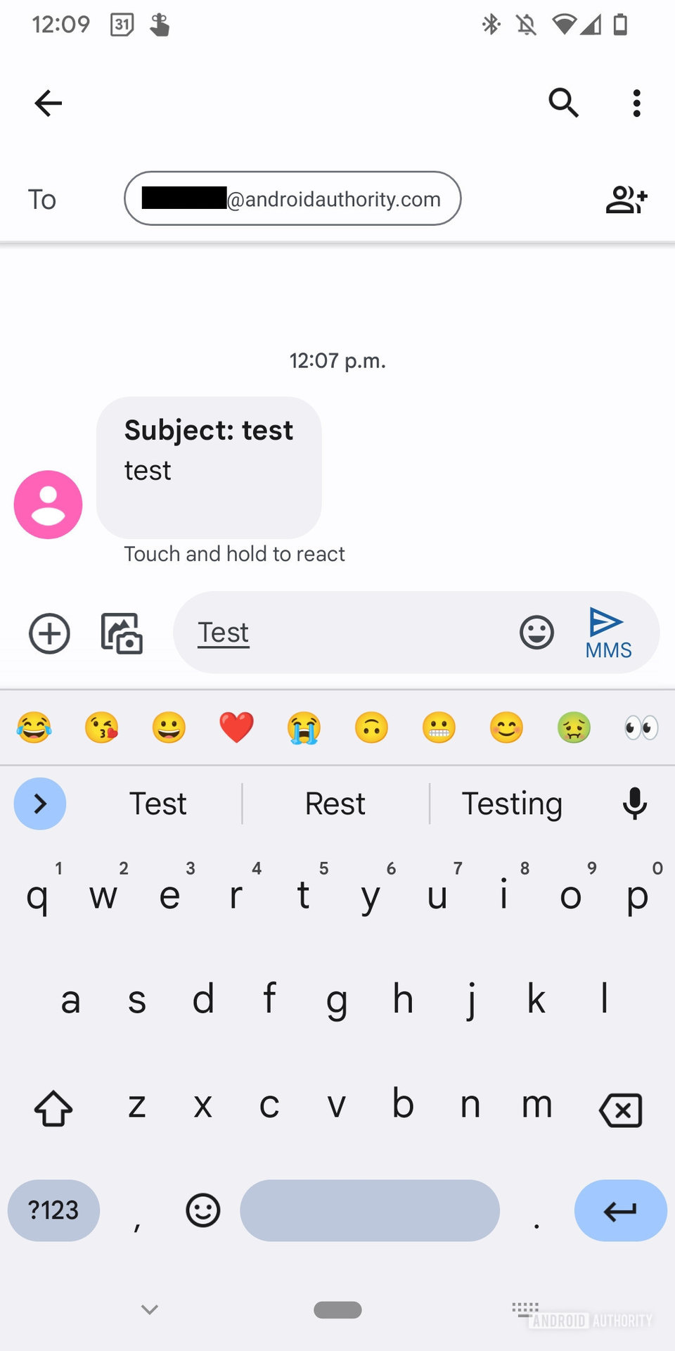 A screenshot of the Android text messaging app showing a conversation with an email address.