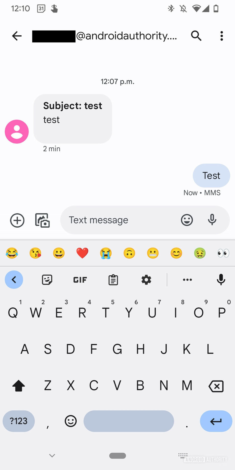 A screenshot of the Android text messaging app showing a conversation with an email address.