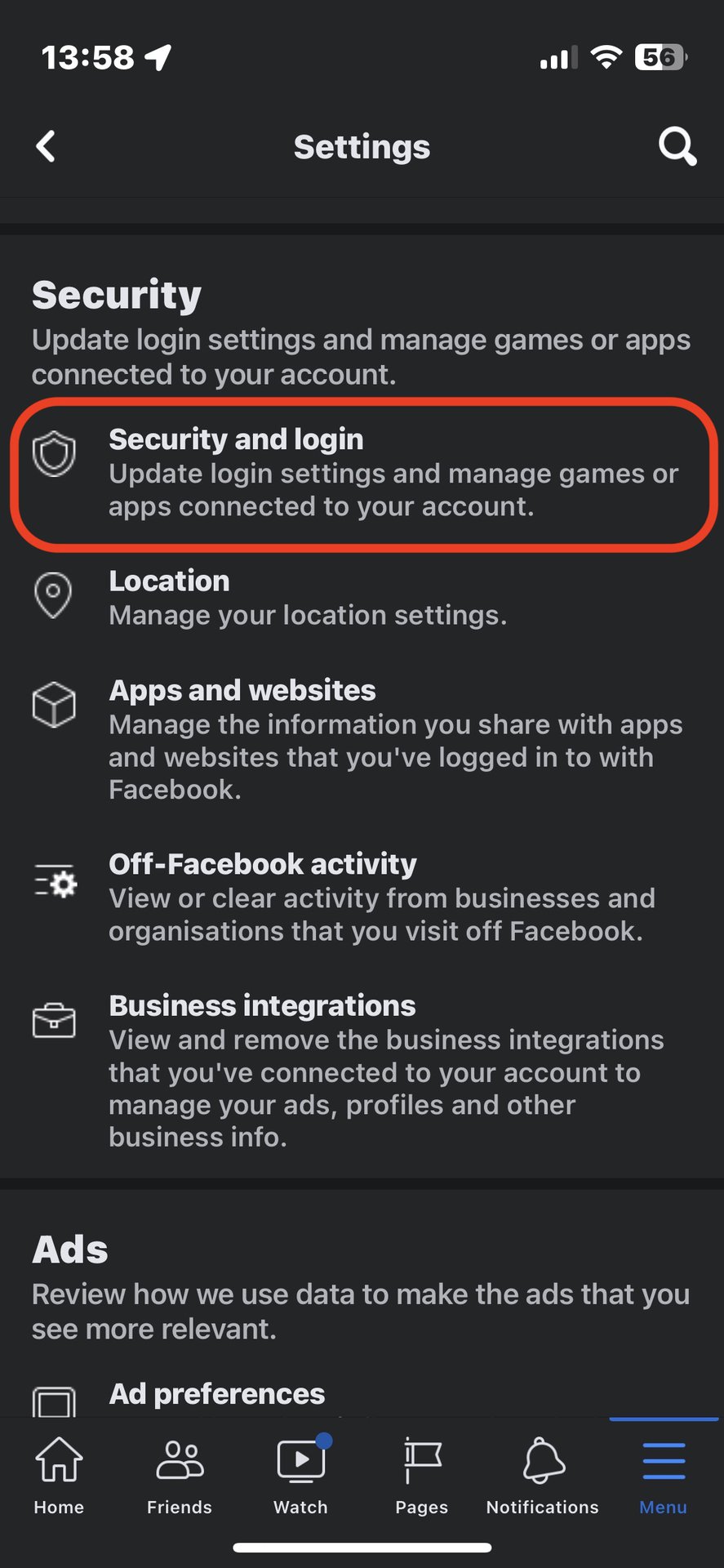 accesso di sicurezza dell'app facebook