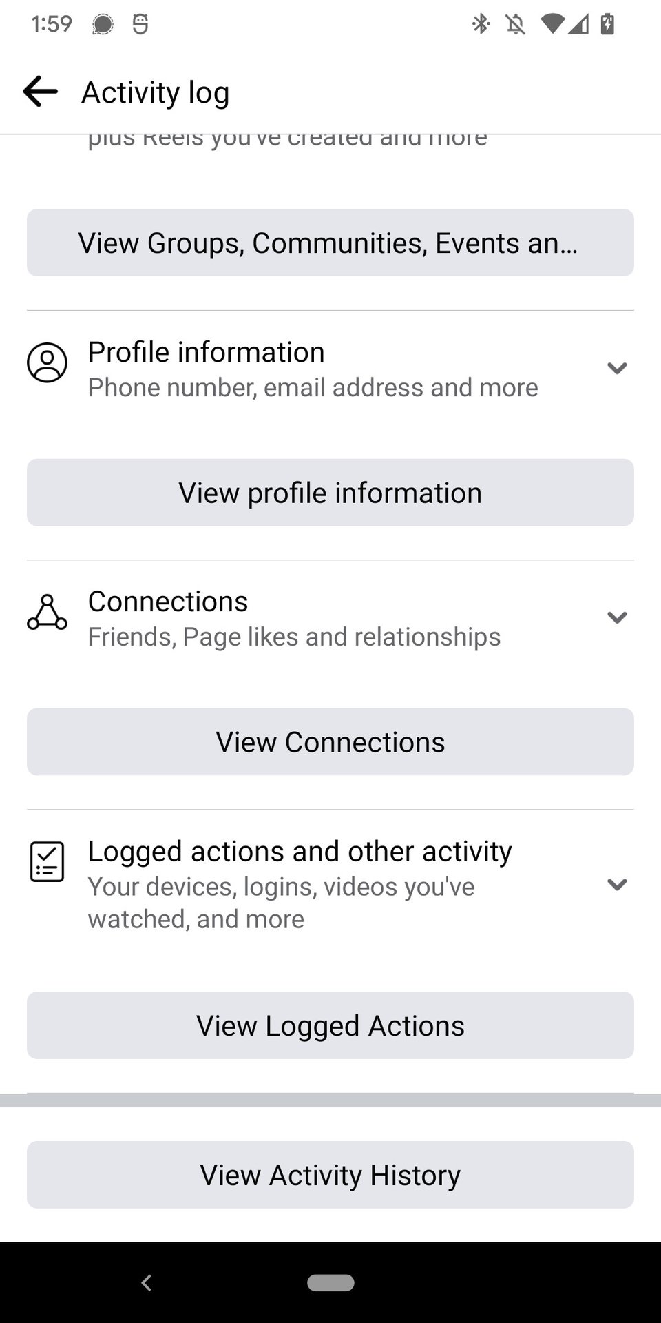 A screenshot of the Facebook mobile app showing the Settings menu showing the View Activity History entry at the bottom of the screen.