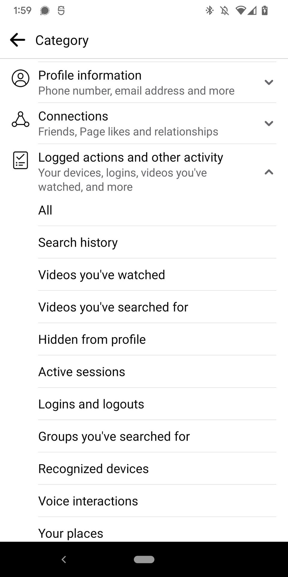A screenshot of the Facebook mobile app showing the Settings menu showing the Logged actions and other activity options including "Hidden from profile."