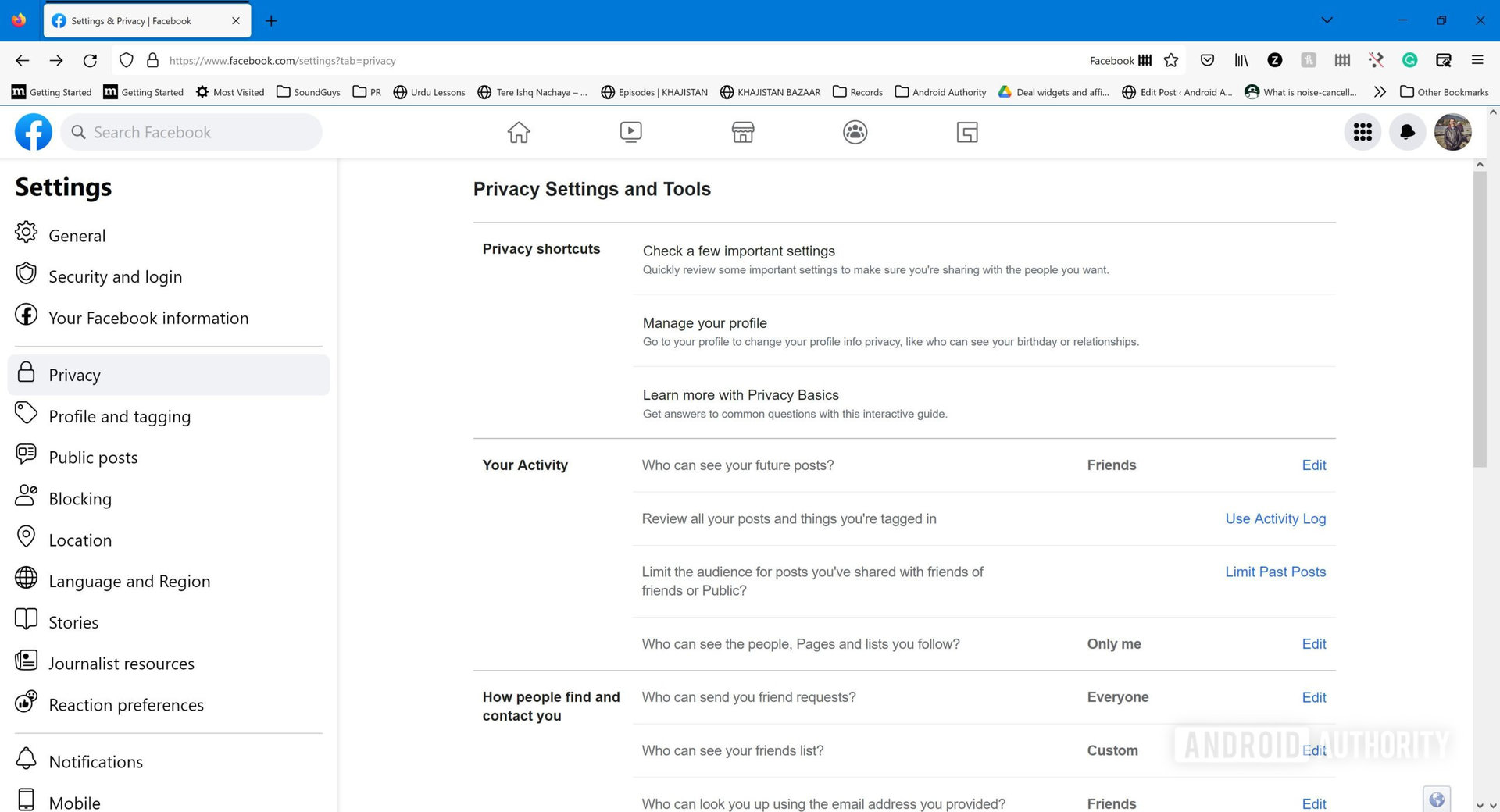 A screenshot of the Facebook Settings menu on desktop in a web browser showing the Privacy options.