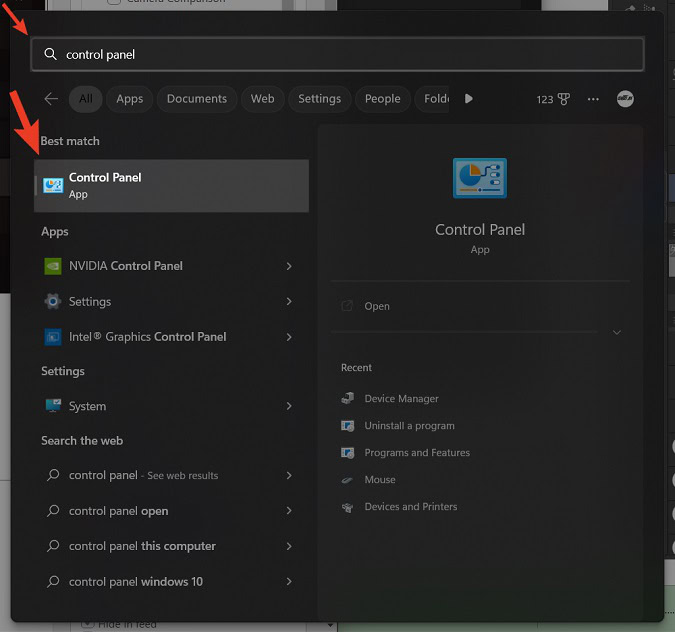 find control panel in start menu