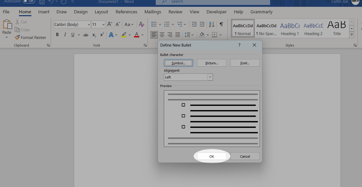 finish defining new bullet Microsoft Word