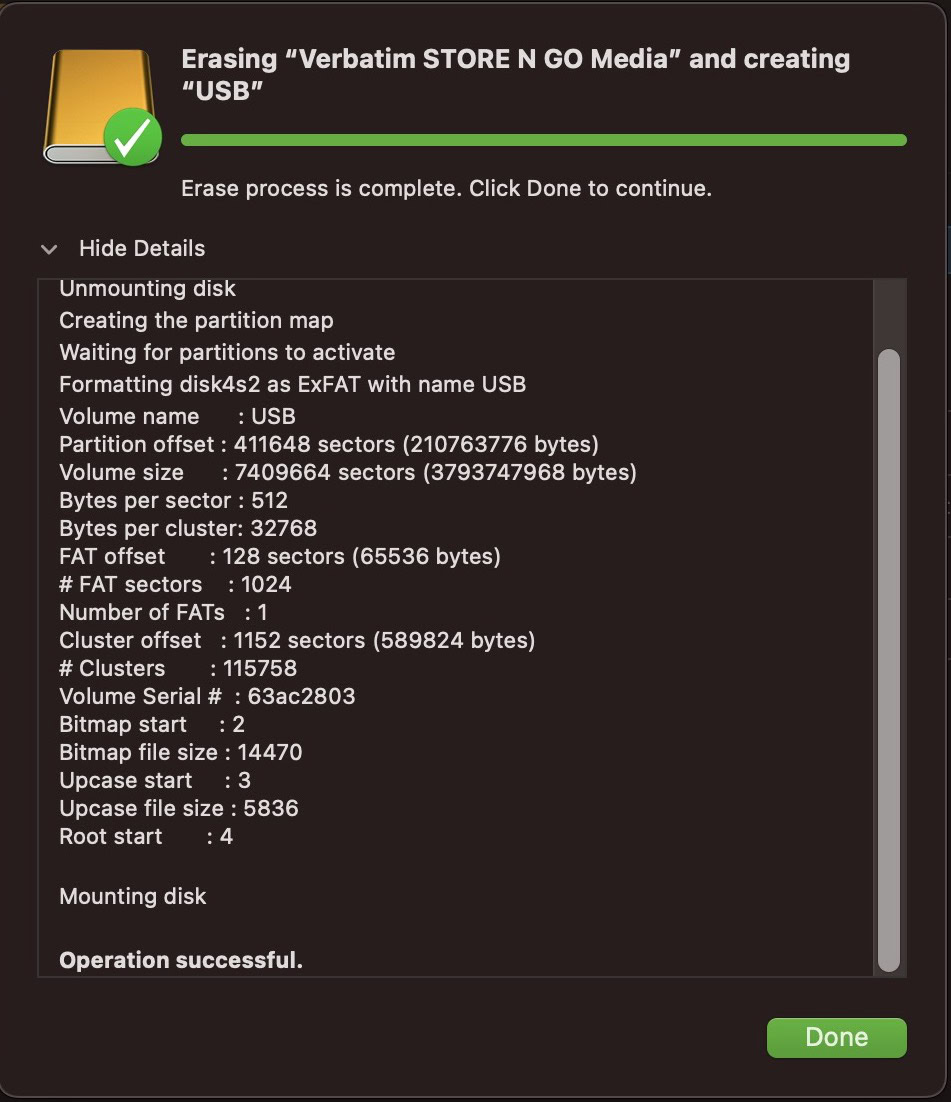 finished erasing usb mac disk utility