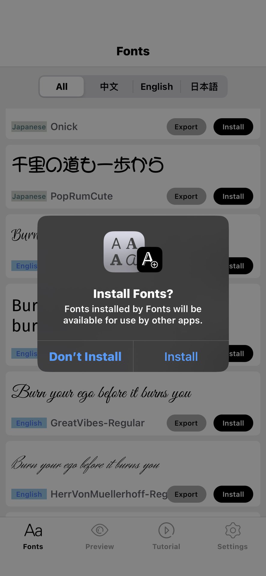 fonts app install confirm