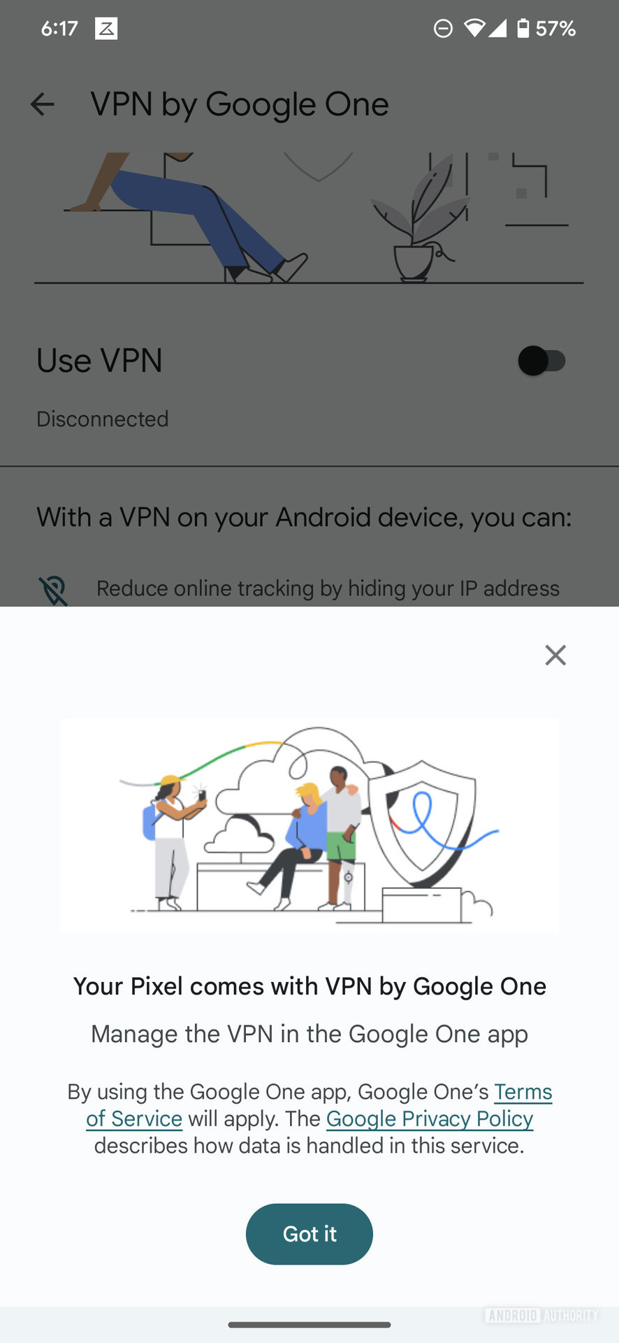 A screenshot of the Google One VPN interface showing the landing page upon launching the app.