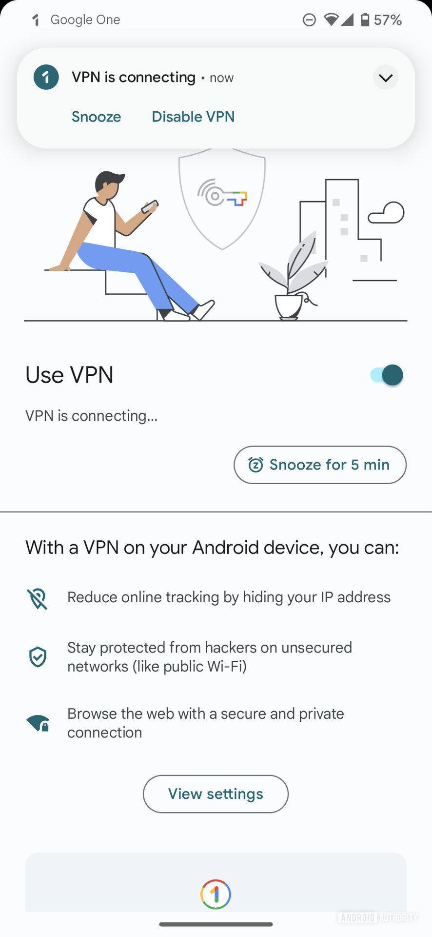 A screenshot of the Google One VPN interface showing the option to enable the VPN.