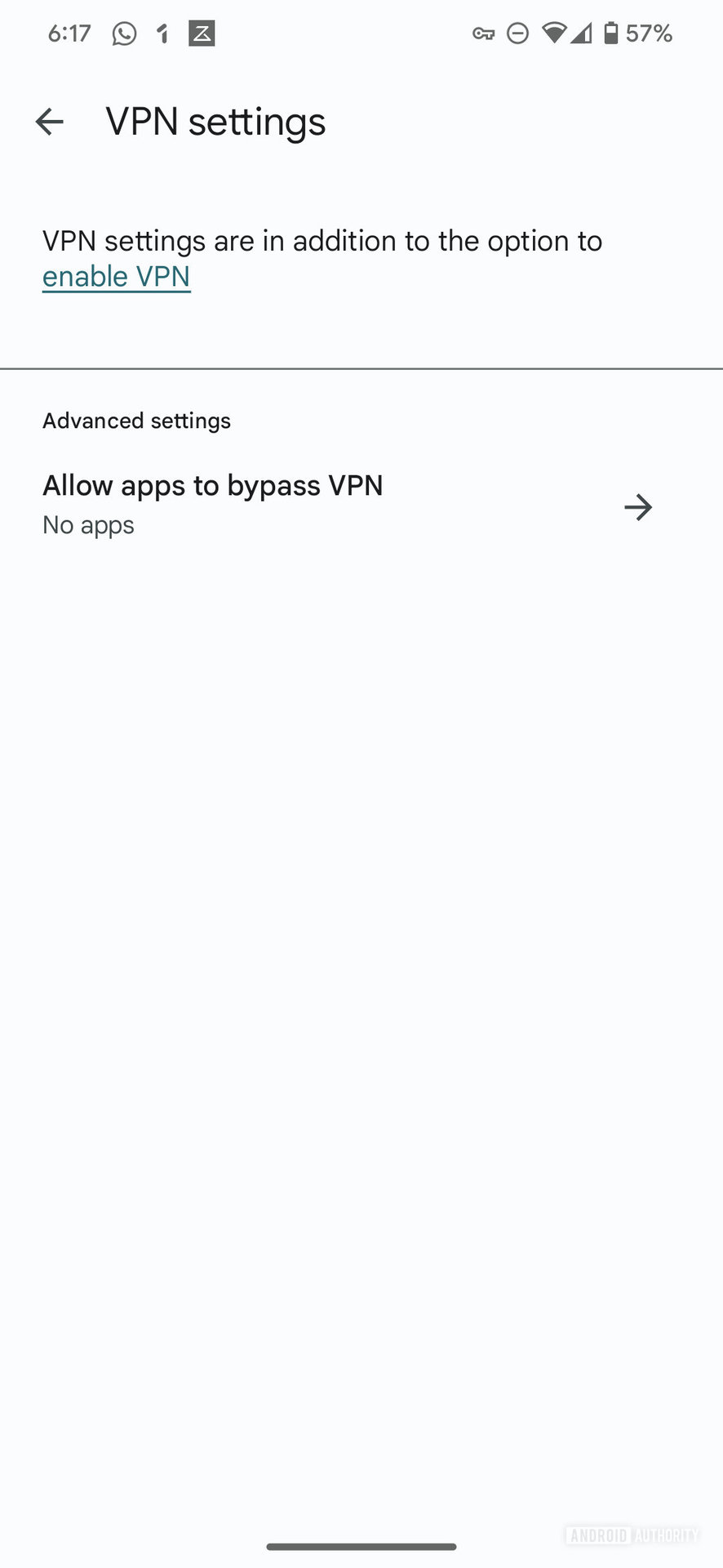 A screenshot of the Google One VPN interface showing the settings screen and the option to let apps bypass the VPN.
