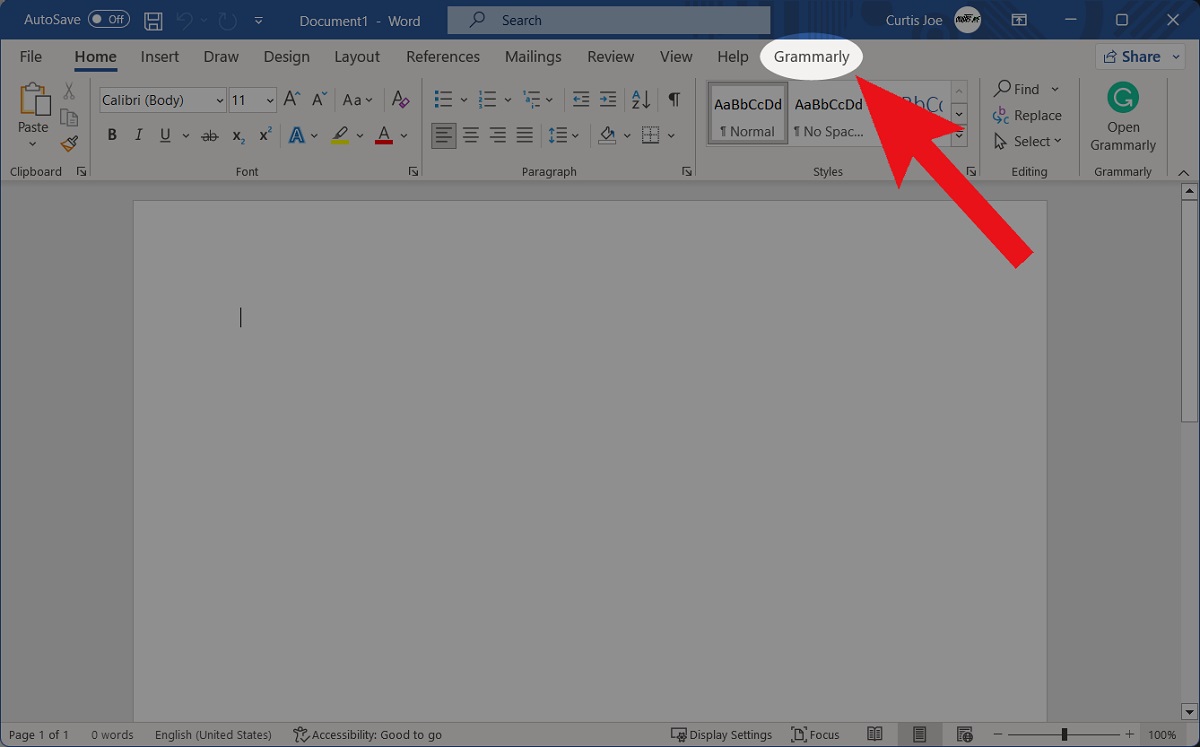 grammarly tab in word