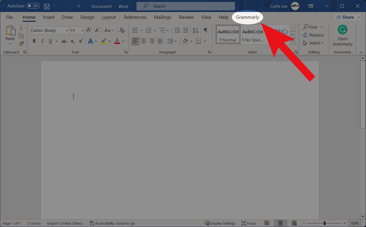 grammarly tab in word