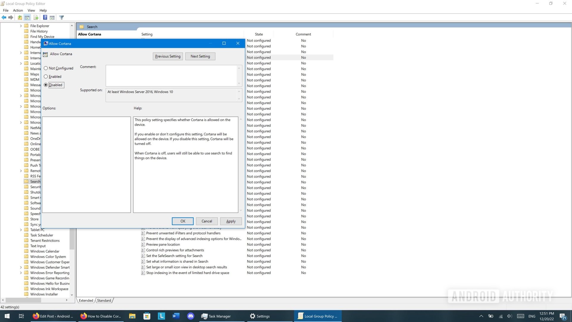 A screenshot of the Windows 10 Local Group Policy Editor showing the options available for the Cortana entry.