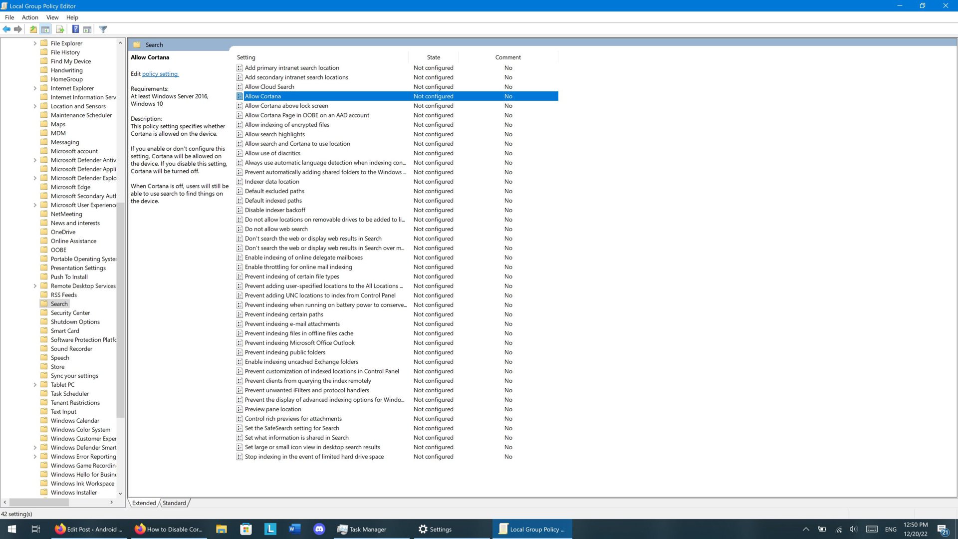 A screenshot of the Windos 10 Local Group Policy Editor showing the Cortana entry.