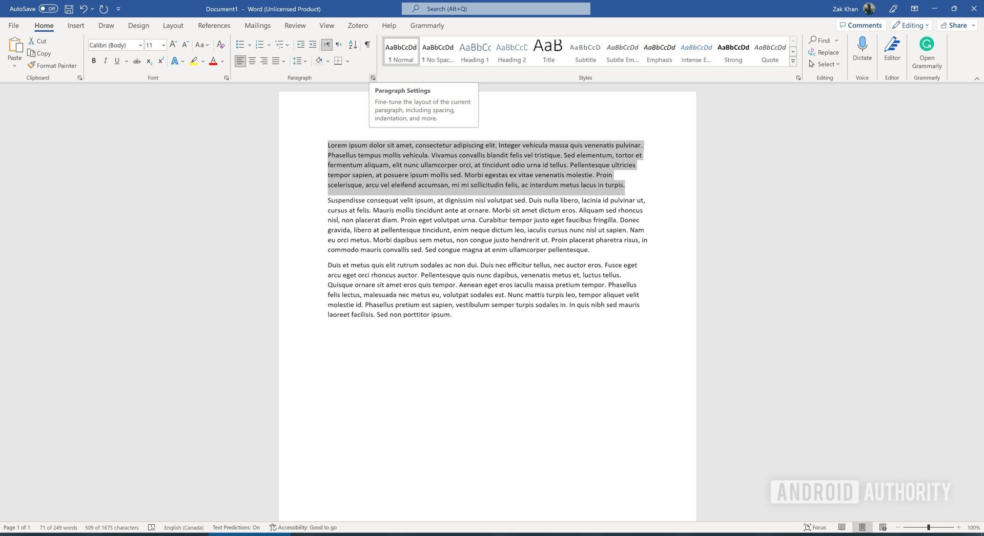 A screenshot of Microsoft Word showing a paragraph highlighted and a tooltip for the Paragraph tab's extension button.