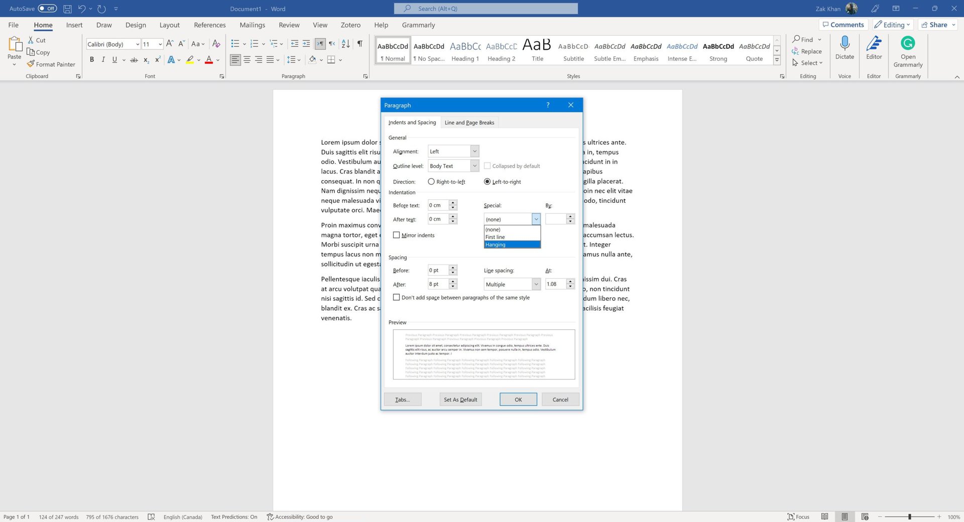 A screenshot of Microsoft Word showing the Paragraph options window.