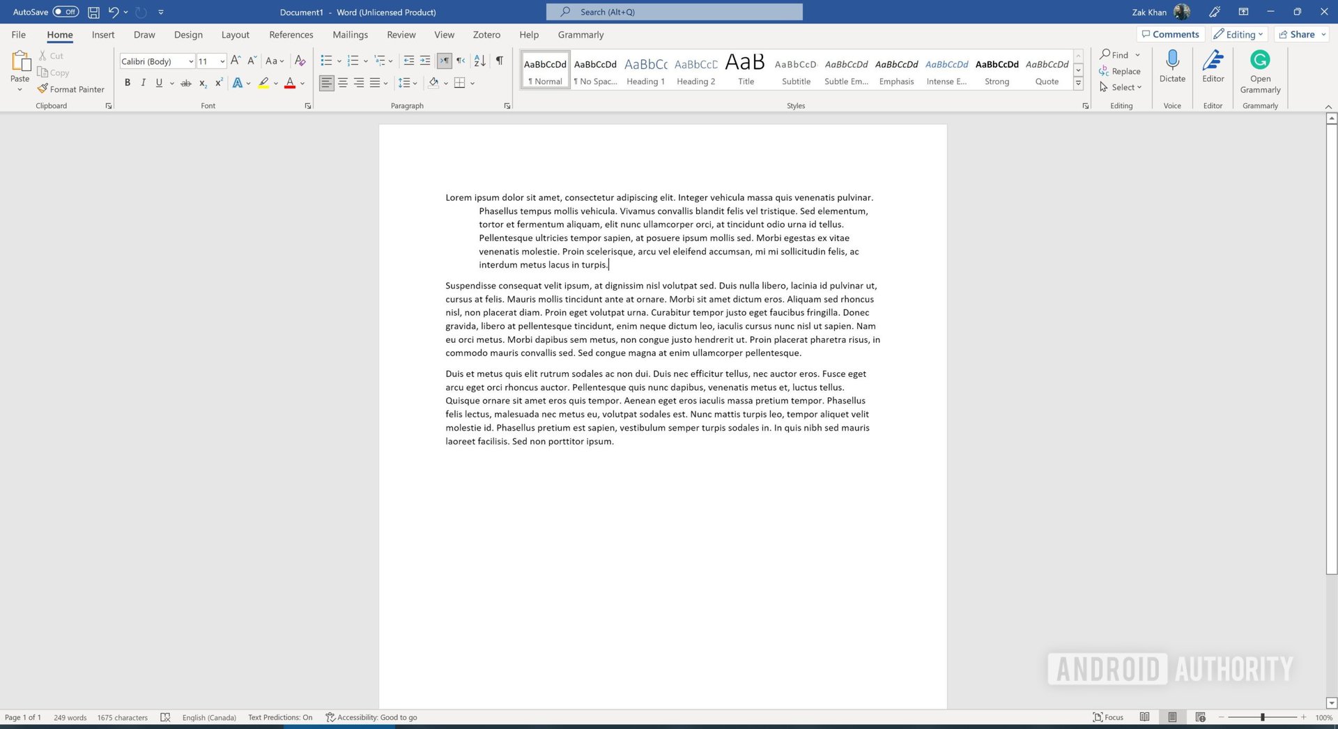 A screenshot of Microsoft Word showing three paragraphs with the first formatted with a hanging indent.