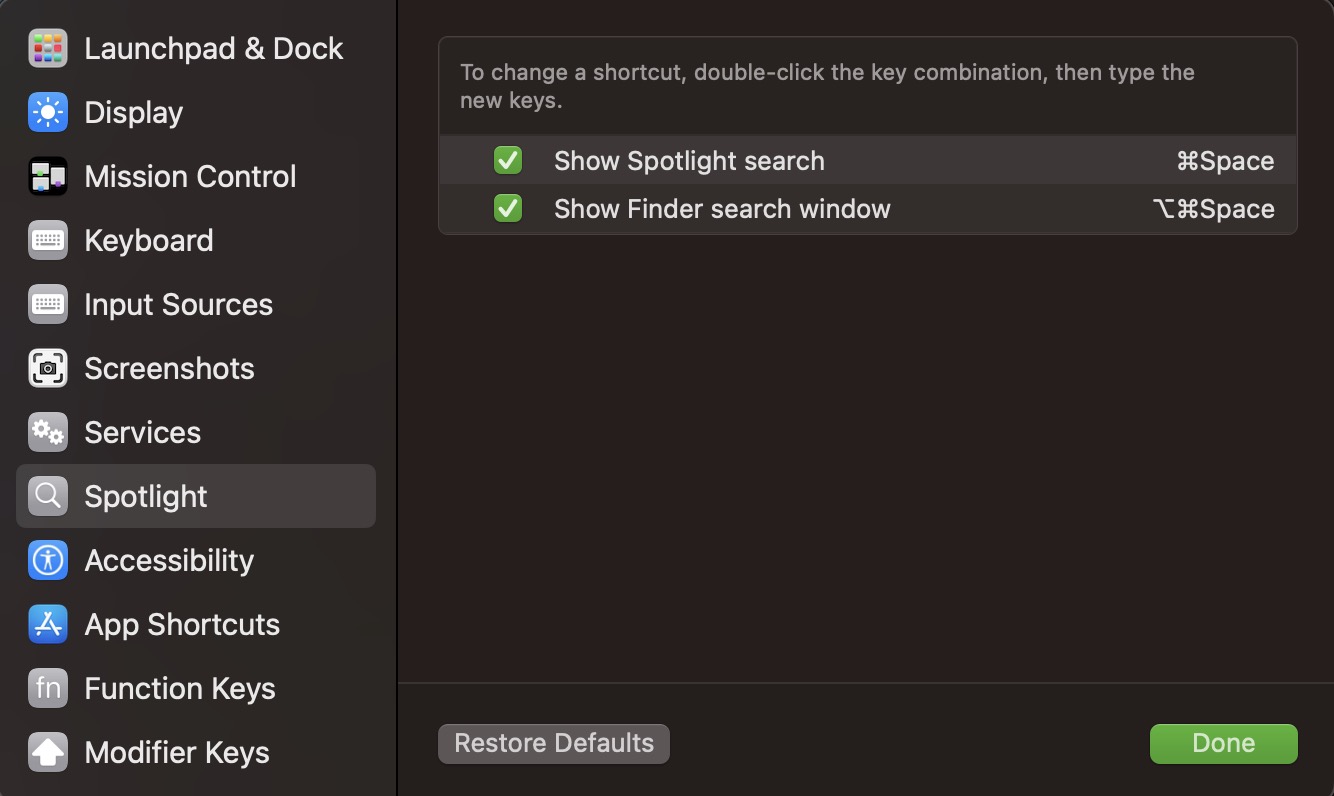 macos settings keyboard shortcuts spotlight