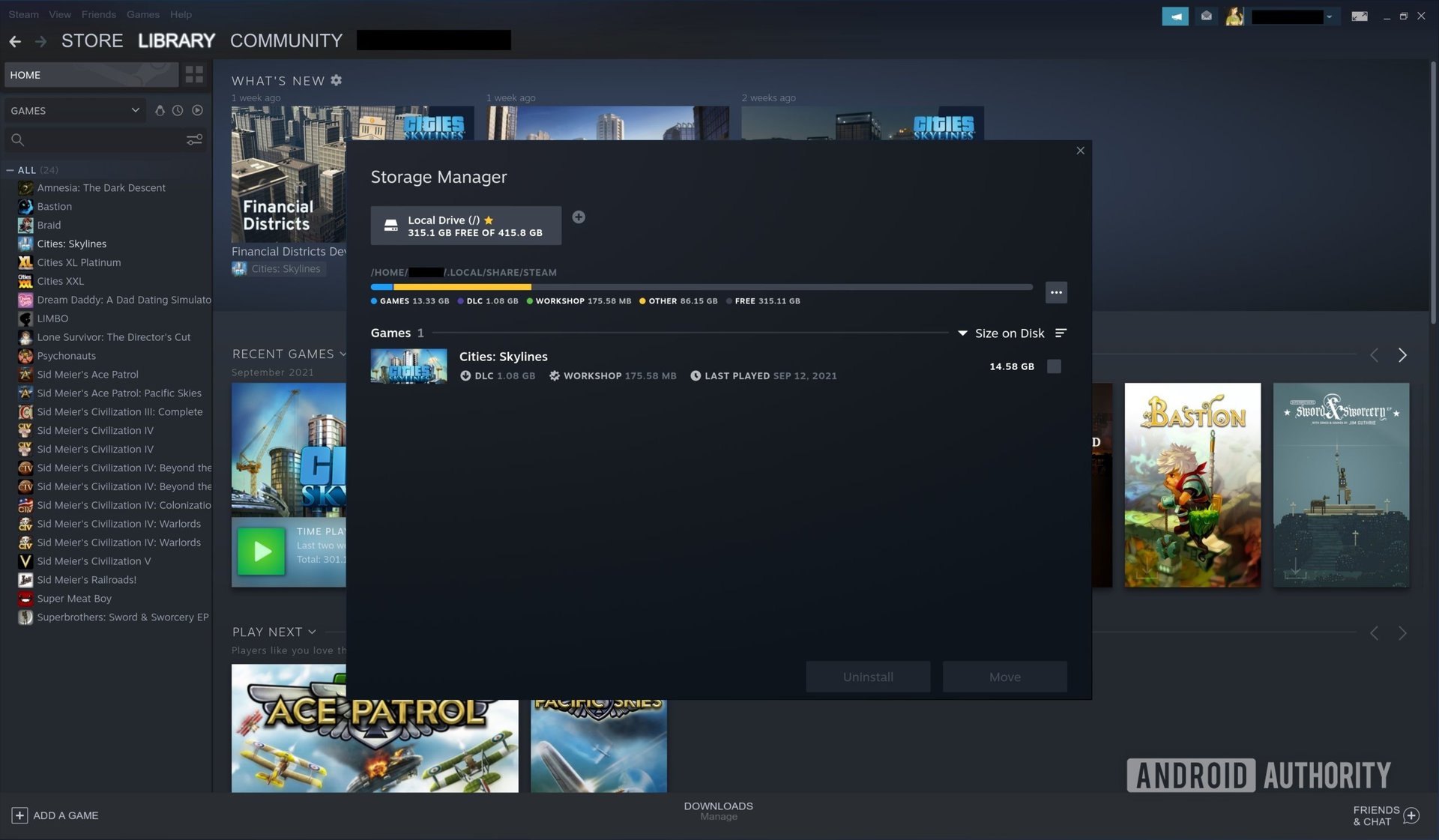A screenshot of the Steam settings window showing the local drives.