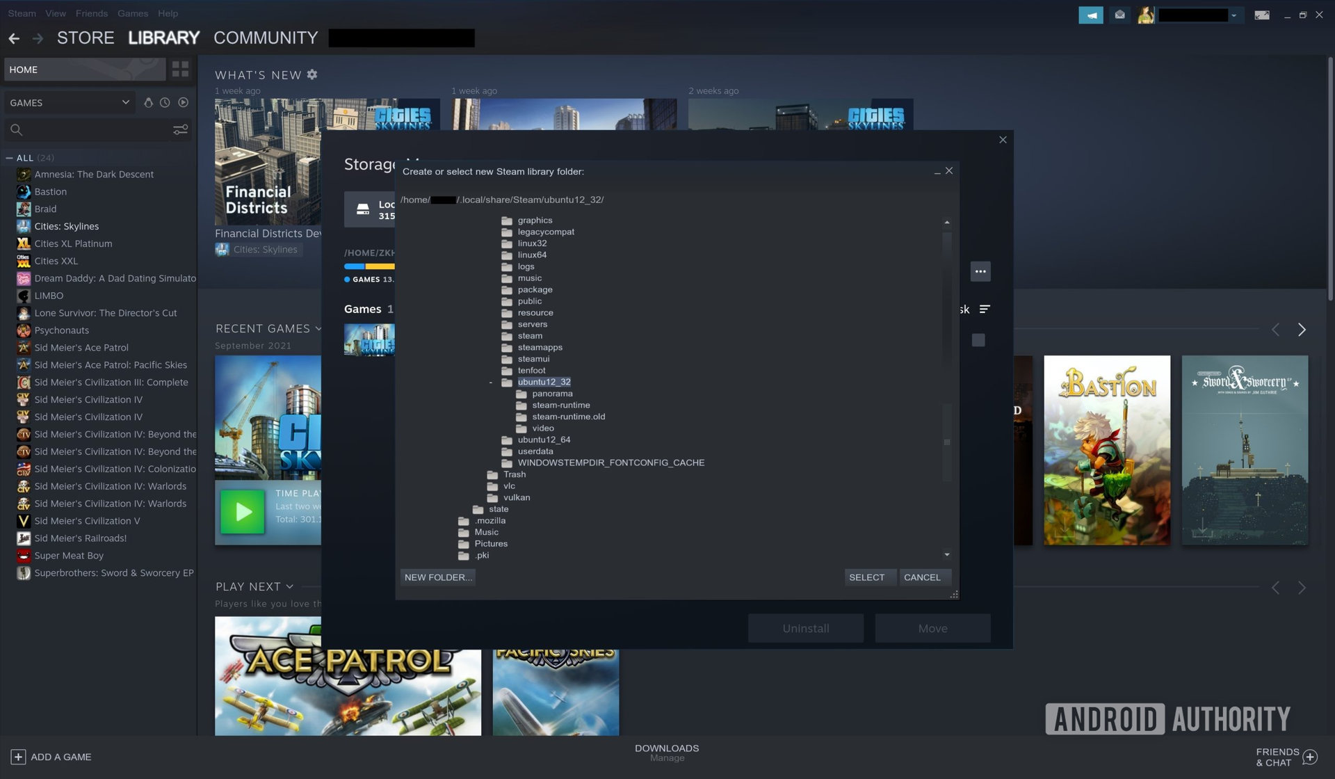 A screenshot of the Steam settings window showing the file picker to choose another drive.
