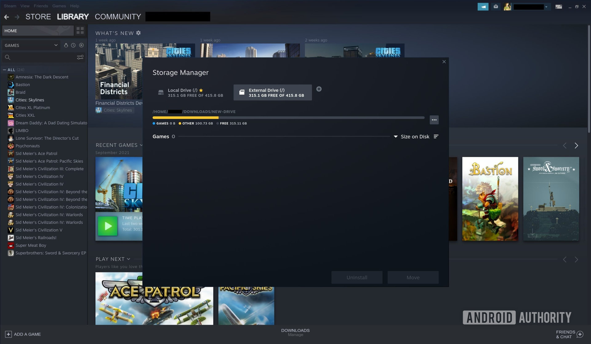 A screenshot of the Steam settings window showing the available drives with a new one visible.