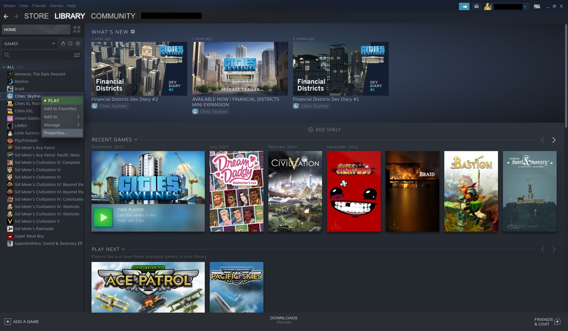 A screenshot of the Steam settings window showing the right click menu visible on a game in the Library with "Properties" highlighted.