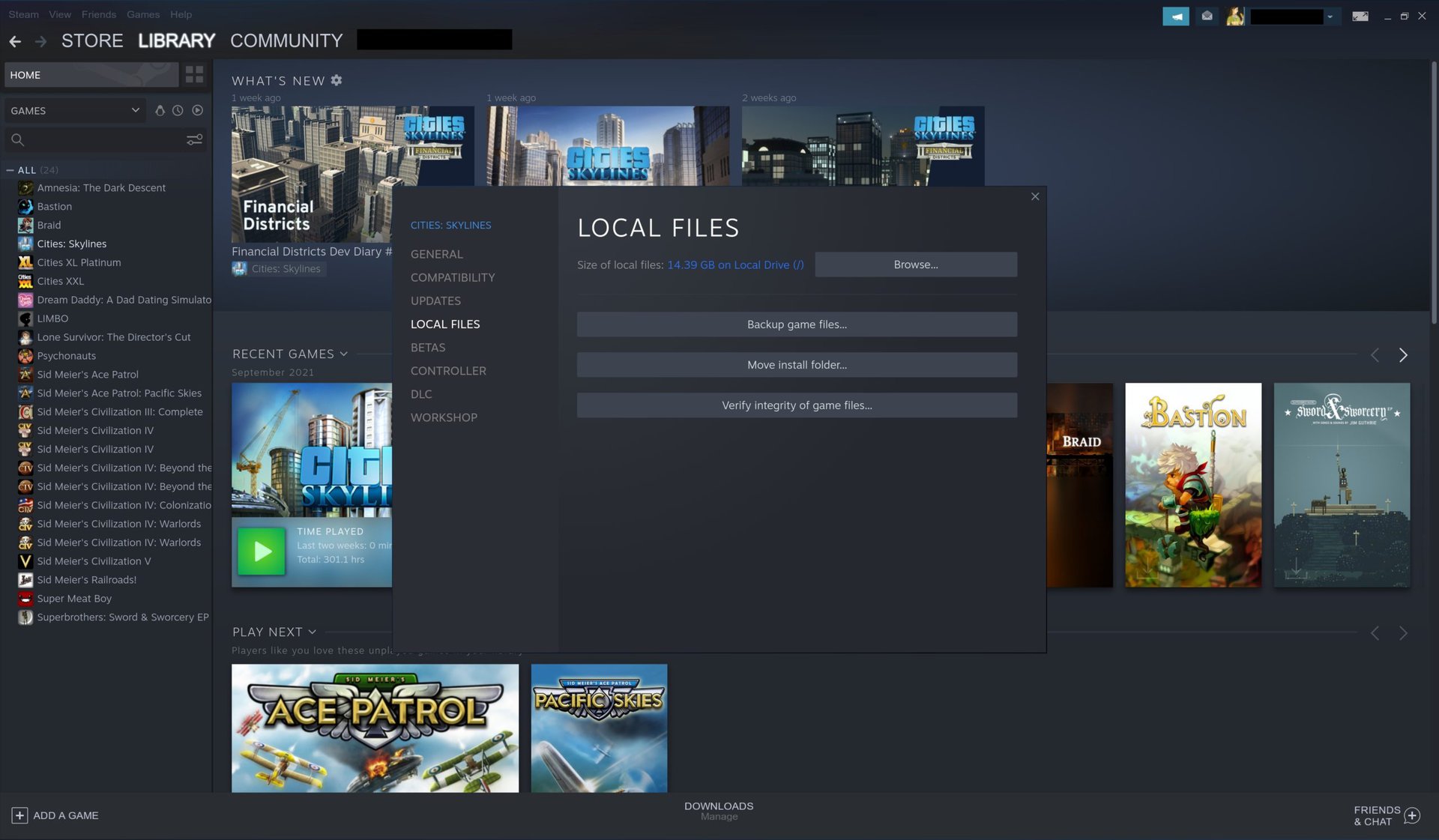 A screenshot of the Steam settings window showing the Local Files portion of the Properties window of a game in the Library.