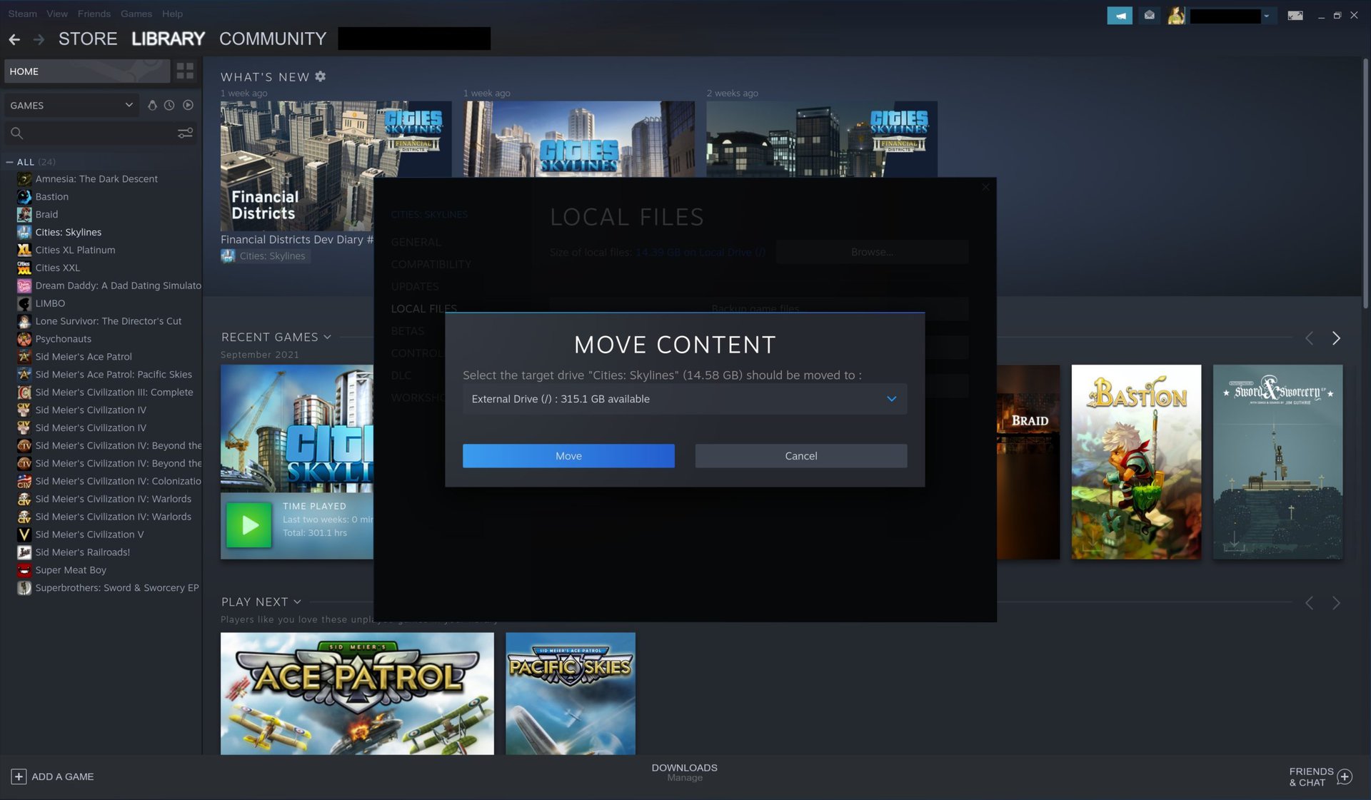 A screenshot of the Steam settings window showing the pop-up window to move a game from one drive to another.