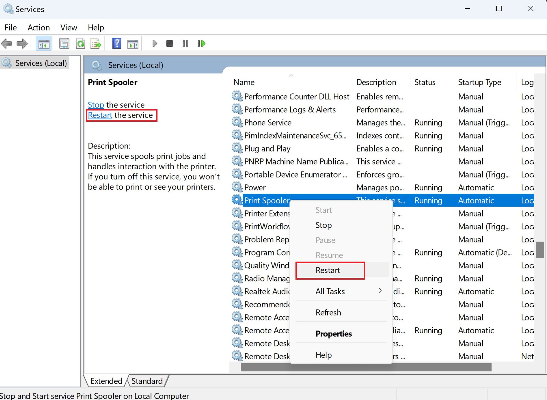 printer spooler reset settings