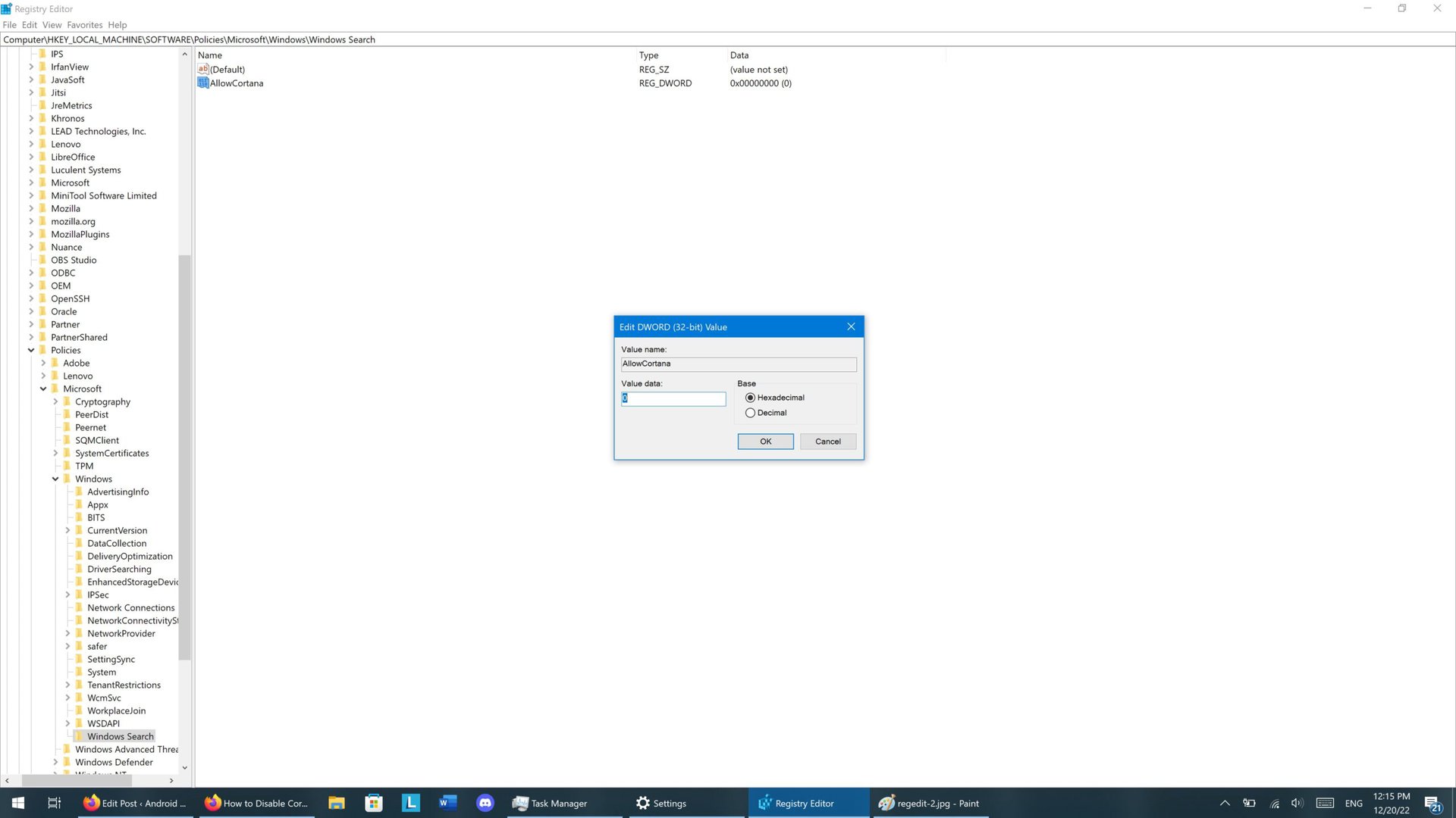A screenshot of the Windows 10 regedit app showing the options available for the Cortana entry.