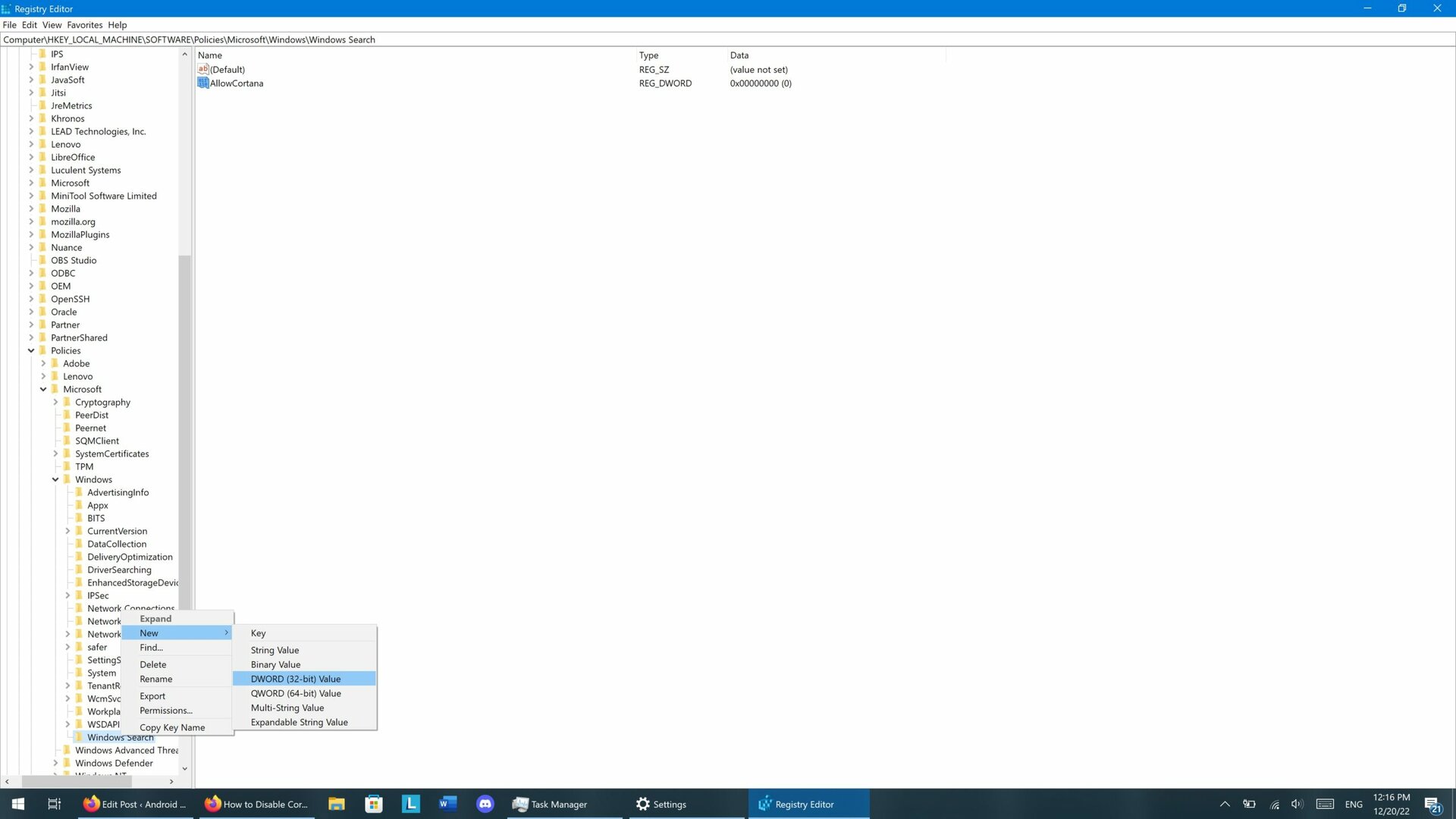 A screenshot of the Windows 10 regedit app showing the creation of a new entry.