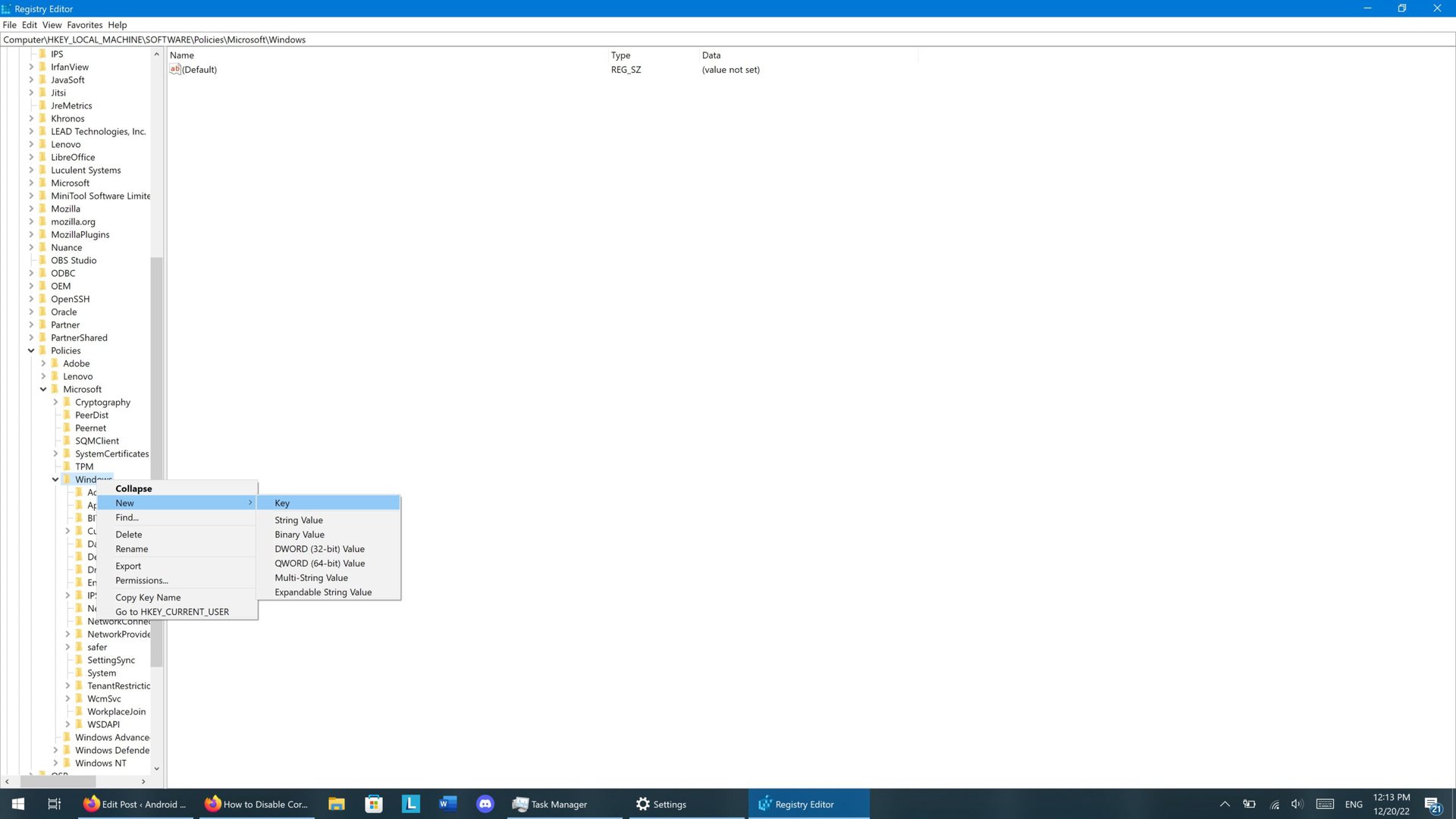 A screenshot of the Windows 10 regedit app showing the creation of a new entry.