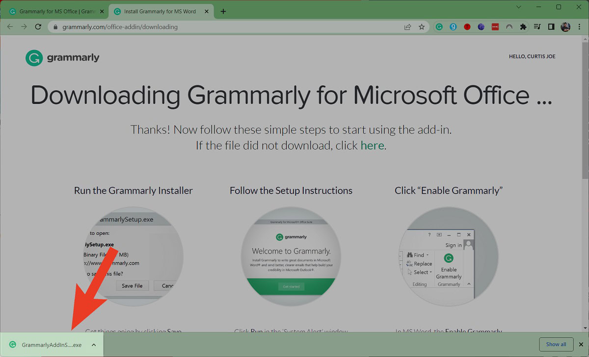 run the grammarly add in setup