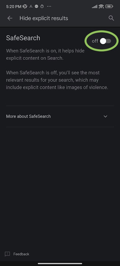 safe search toggle within google